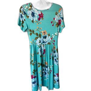 Vibrant Colorful Floral Teal Turquoise Swing Midi Dress